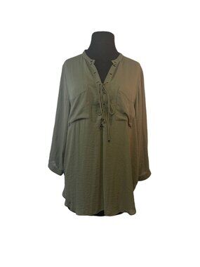 ANA A New Approach Olive Green Lace Up 3/4 Sleeve Blouse.